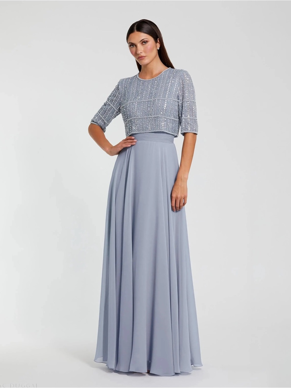 Mac Duggal 9180 Blue Chiffon Gown w/ Fully Beaded 3/4 Sleeve Top sz 8